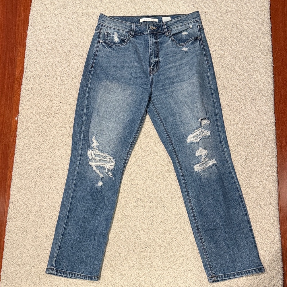 Eunina Classic Distressed Straight Leg Jeans - Blue